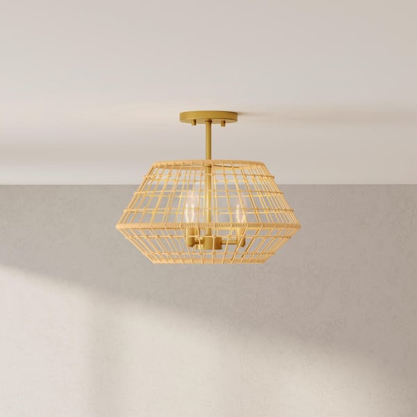 Progress Lighting Laila Collection 16 in. 3-Light Vintage Brass Semi-Flush Mount Convertible with Woven Jute Accents