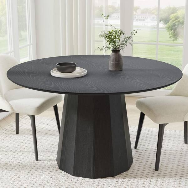 Lirago Cone Black Colored Wood 52 in. Column Base Under Beveled Cut Edge Dining Table for 6