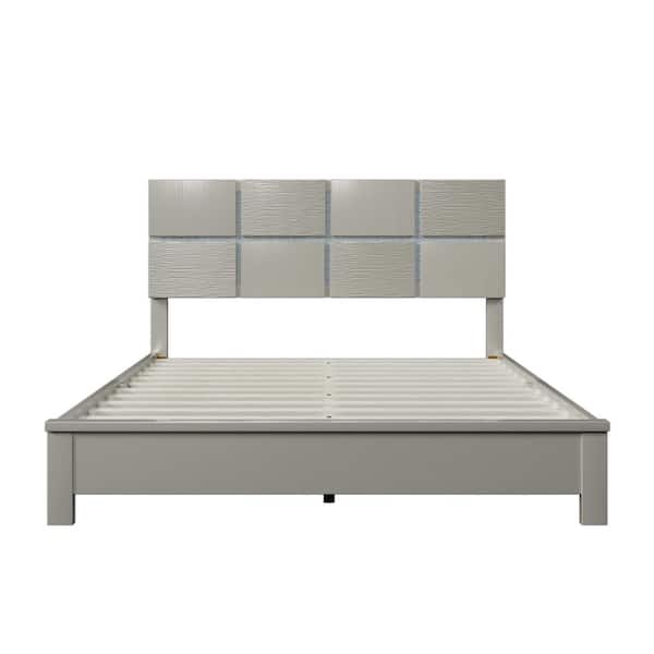 URTR Champagne Silver Wood Frame Queen Size Platform Bed with Headboard, Platform Bed with Solid Rubber Wood Frame and Legs