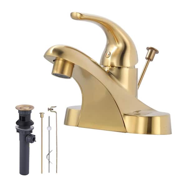 ARCORA 4 in. Centerset Single Handle Low Arc Bathroom Faucet with Popup Drain Included in Brushed Gold