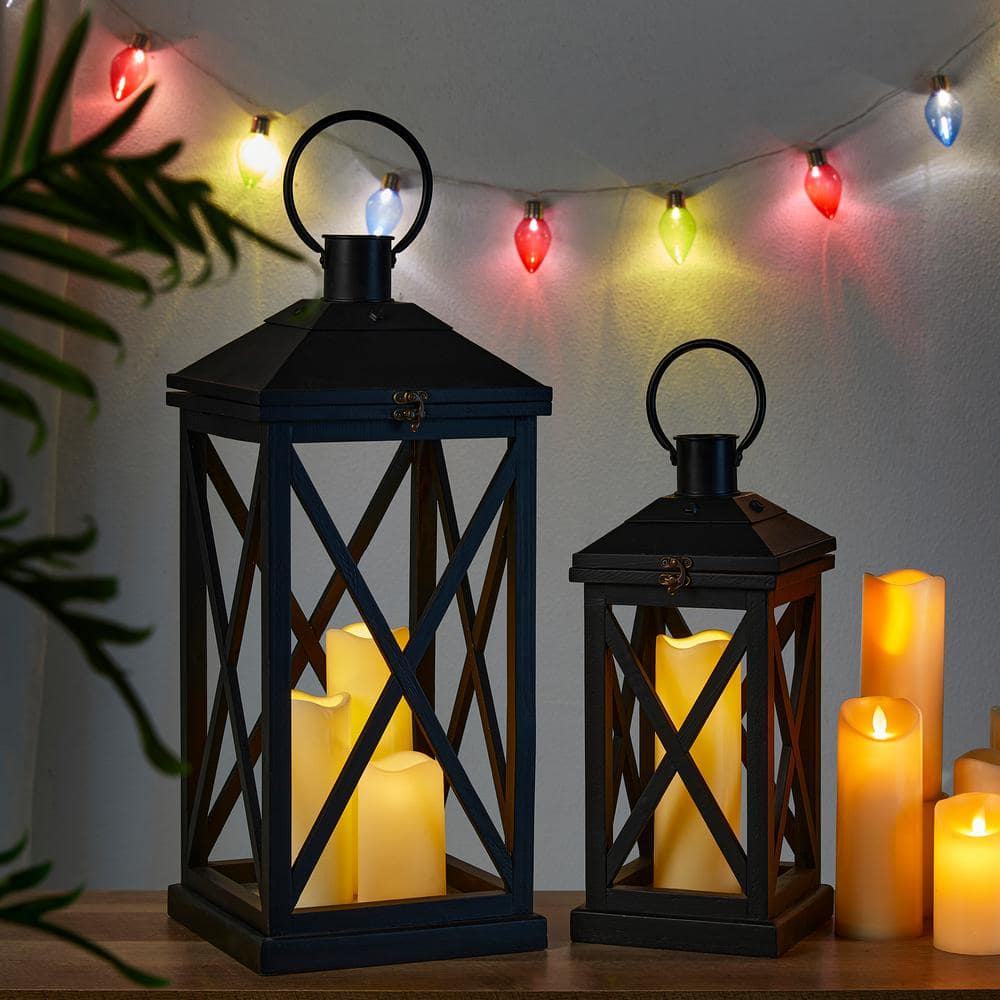Distressed Black Wood and Metal Floor Candle Lanterns Set