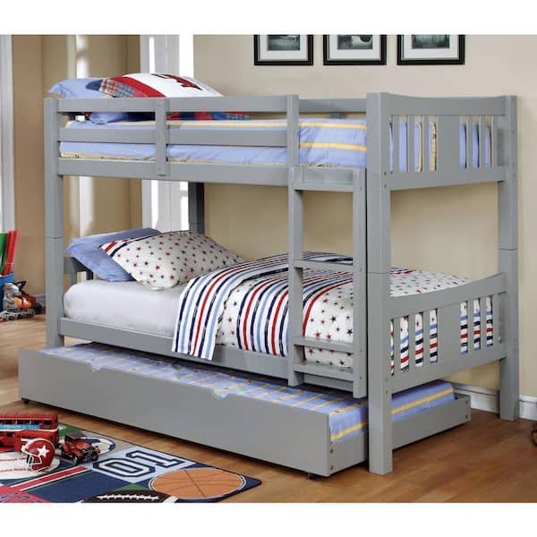 Furniture of America Jelle Gray Full over Full Wood Bunk Bed with Attached Ladder