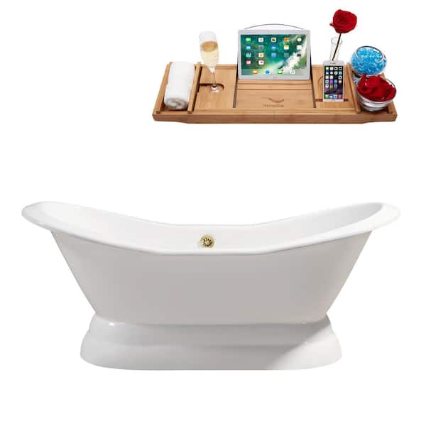 Streamline 72 in. Cast Iron Flatbottom Non-Whirlpool Bathtub in Glossy White with Polished Gold External Drain and Tray