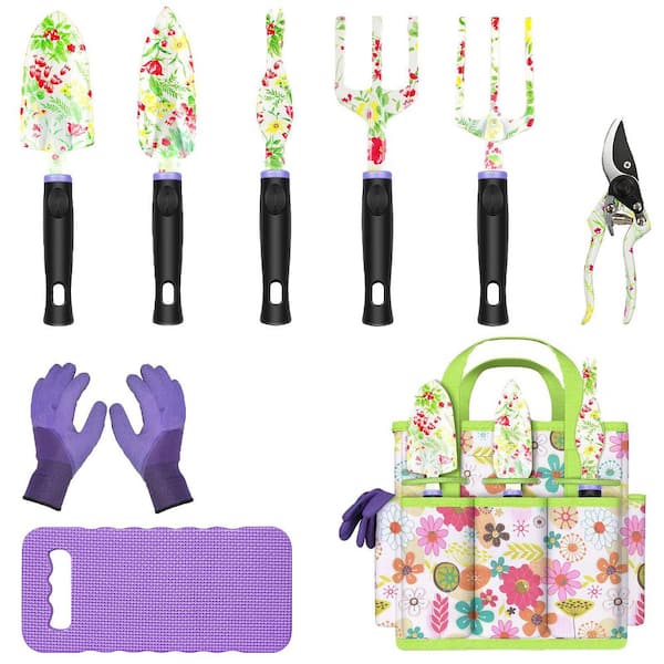 Misopily 10-Piece Garden Tool Set Heavy Duty Aluminum Hand Tools with Non-Slip Handles Kneeling Pad Gloves Tote Bag