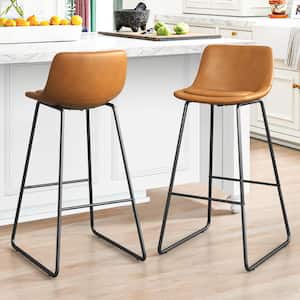 39.37 in. Whiskey Brown Low Back Metal Frame Bar Stools with Faux Leather Seat (Set of 2)