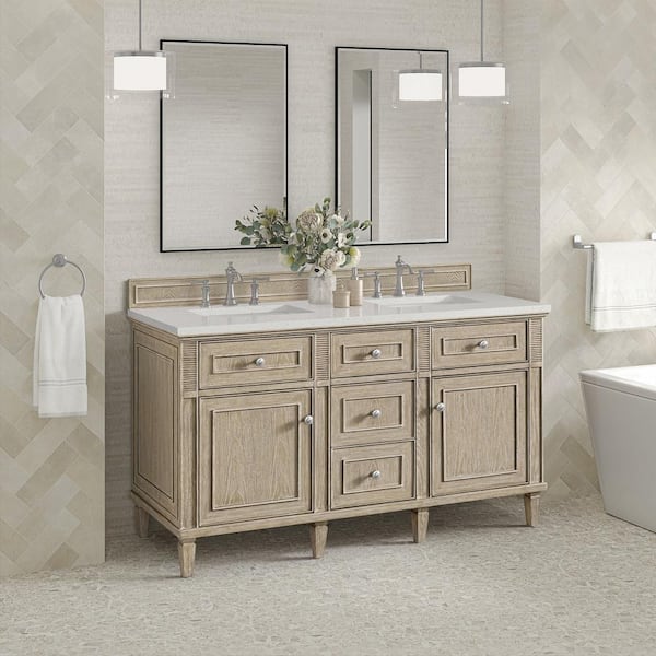 James Martin Vanities Lorelai 60 in. W x 23.5 in. D x 34.06 in. H Double Vanity in Whitewashed Oak with Lime Quartz Top
