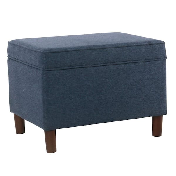 Benjara Fero Blue and Walnut Brown Fabric Rectangle Storage Ottoman