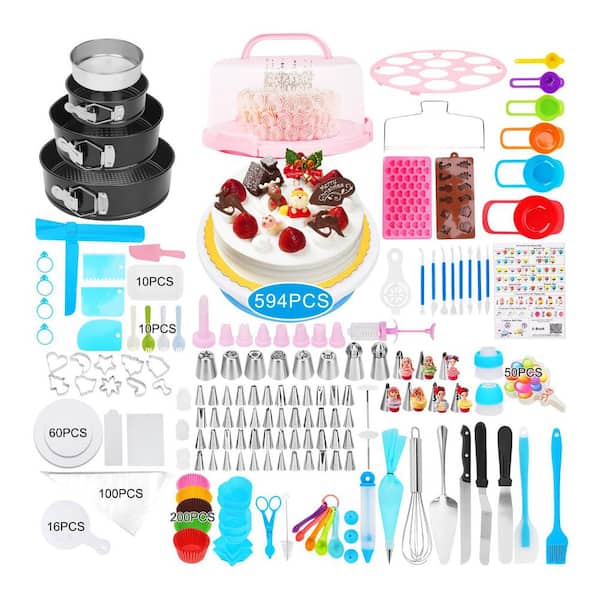 594-Piece Set Cake Decorating Kit w/ 3 Springform Pans, Turntable, Carrier, Piping Tips, Bags, and Tools