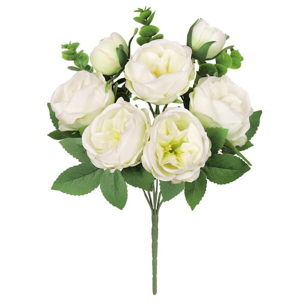LIVING LUXURY 13 in. Cream White Artificial Cabbage Rose Flower Stem Bush Bouquet (Set of 4)