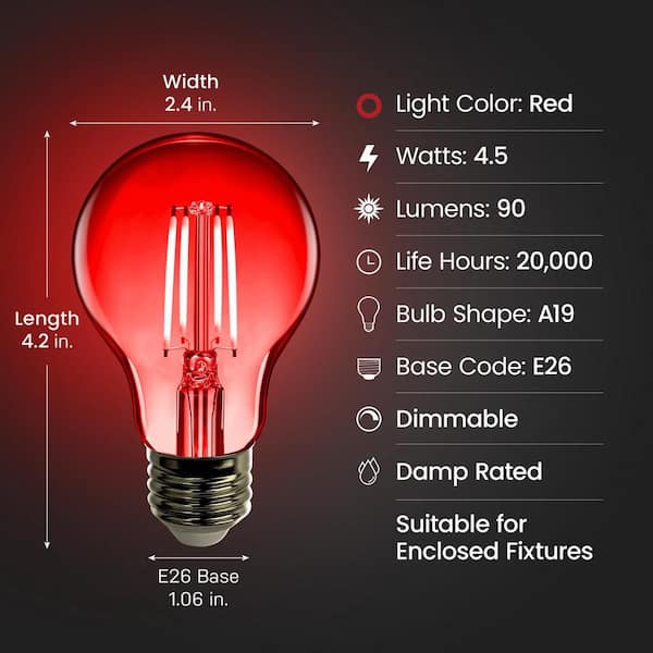 25-Watt Equivalent A19 Dimmable Filament Red Colored Glass E26 Medium Base LED Light Bulb (6-Pack)