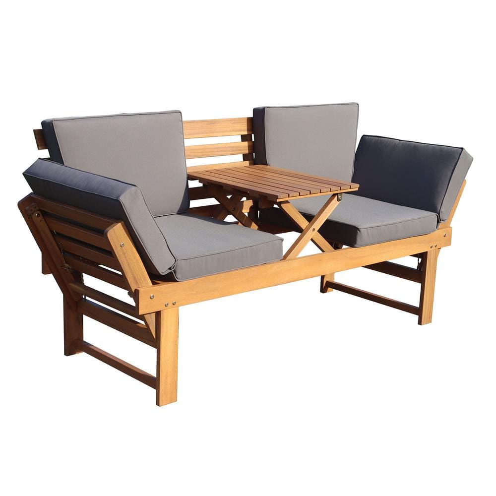 Outdoor Acacia Wood 3-Person Patio Bench with Fold Down Table