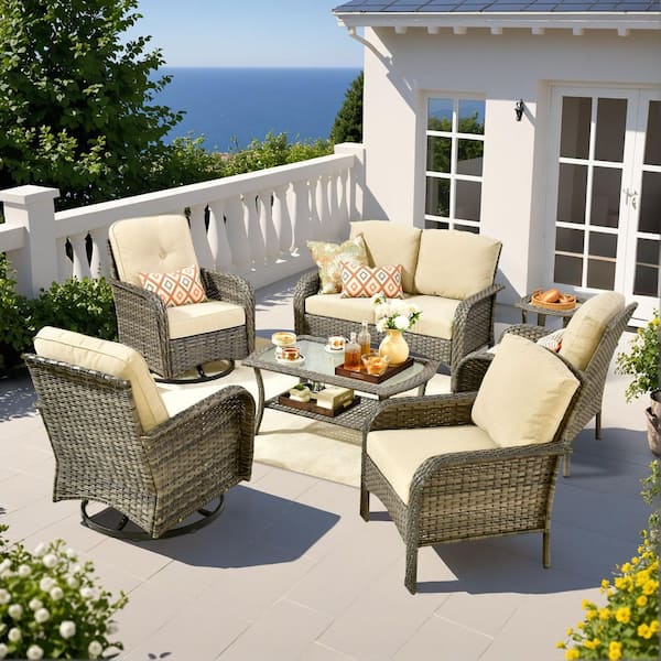 Noah Gray 7-Piece Wicker Outdoor Patio Conversation Comfortable Sofa Set with Swivel Chairs and Beige Cushions