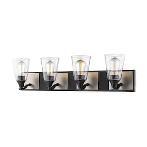 4-Light 33 in. Wide Matte Black/Brushed Pewter Bathroom Vanity Light with Seedy Glass
