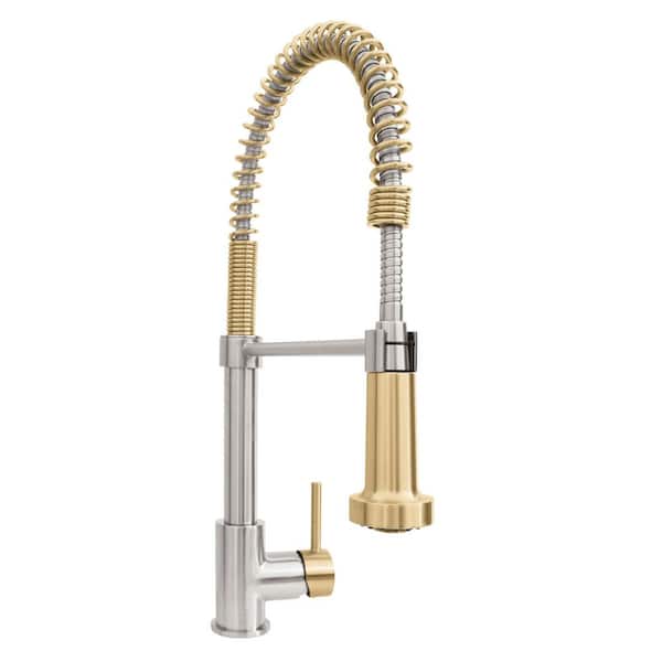 Autograph Edition 20.5 in. Apollo Pull Down Spring Single Handle Kitchen Faucet in Brushed Nickel and Champagne Bronze