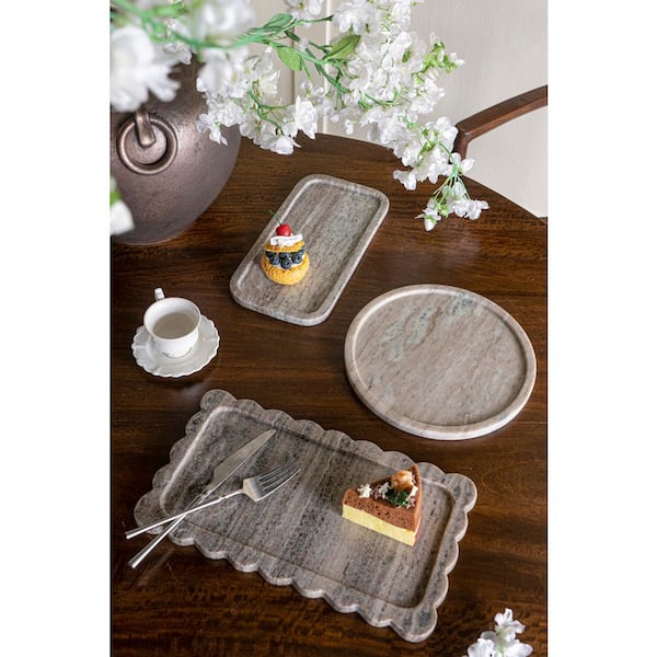 Round Veined Marble Tray-Natural Gray Stone Centerpiece and Organizer