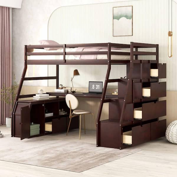 Polibi Twin Size Loft Bed with 7 Drawers 2 Shelves and Desk-Espresso