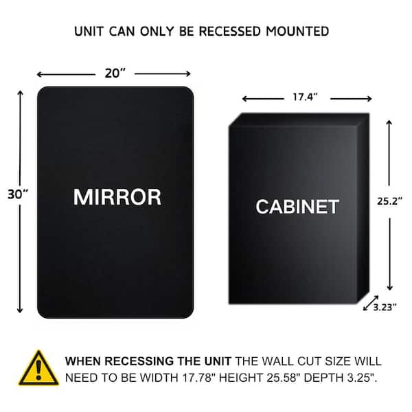 TEHOME 20-in x 30-in LED Surface/Recessed Mount Matt Black Mirrored Soft Close Medicine Cabinet