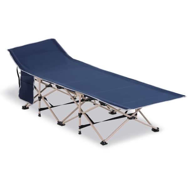 74.8 in. Folding Steel Outdoor Lounge Chair, Blue Portable Camping Cot Sleeper for Adults with Carry Bag, Side Pocket