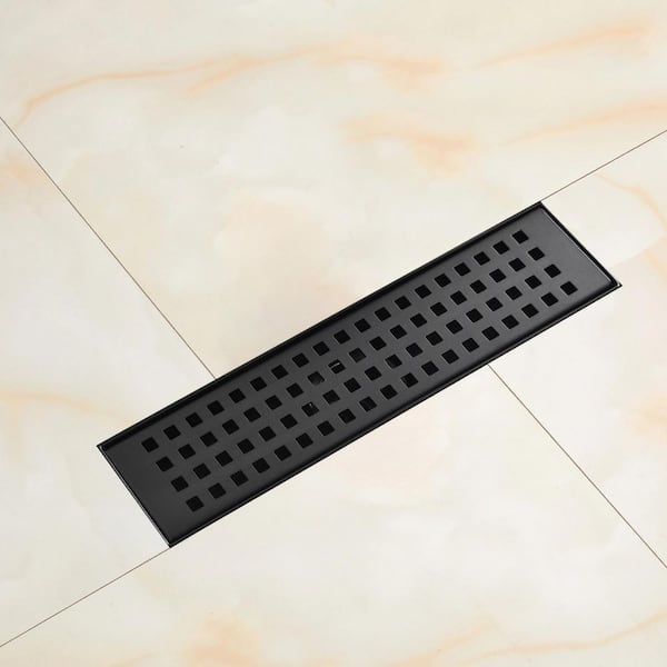11.9 in. Linear Grid Shower Drain with Leveling Feet and Flange in Matte Black