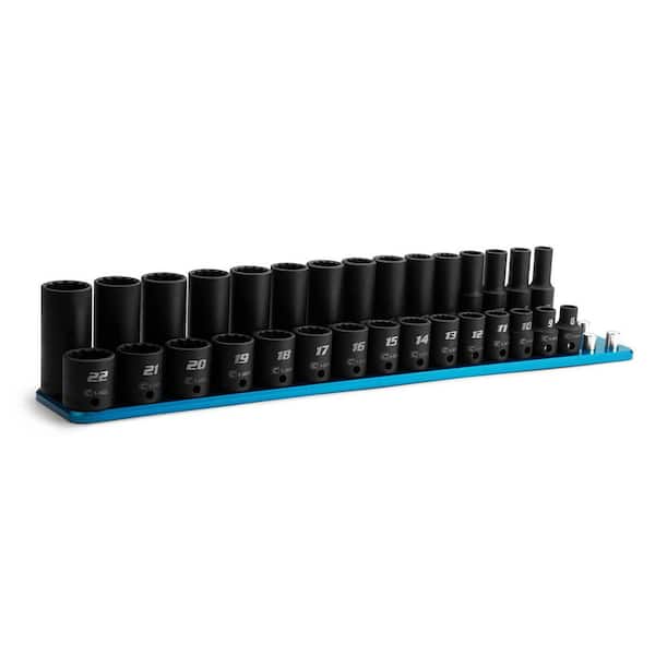 3/8 in. Drive Metric 12-Point Shallow and Deep Impact Socket Set with Blue Billet Aluminum Socket Rail (30-Piece)