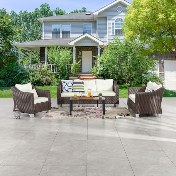 Patio Festival 7-Piece Wicker Patio Conversation Set with Beige Cushions