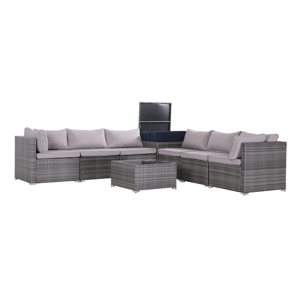 Zeus & Ruta 8-Piece Grey PE Wicker Rattan Patio Furniture Set Outdoor Sectional Sofa with Grey Cushions