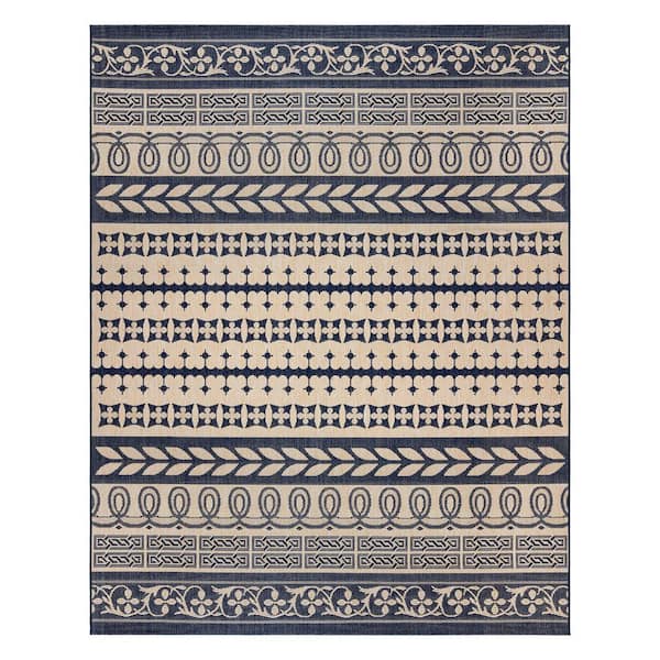 Paseo Burke Striped Sand/Navy 9 ft. x 13 ft. Striped Indoor/Outdoor Area Rug