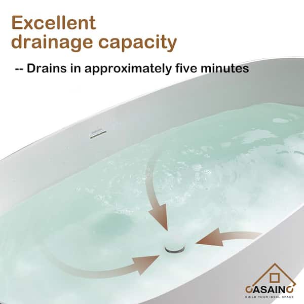 65 in. x 23 in. Solid Surface Stone Resin Stand Alone Freestanding Soaking Bathtub in White with Center Drain