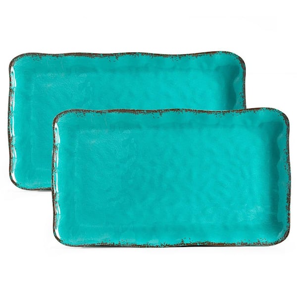 Set of 2 Farmhouse Melamine Serving Platters, 17.5 x10 in. Teal Rustic Rectangle Vintage Serving Trays