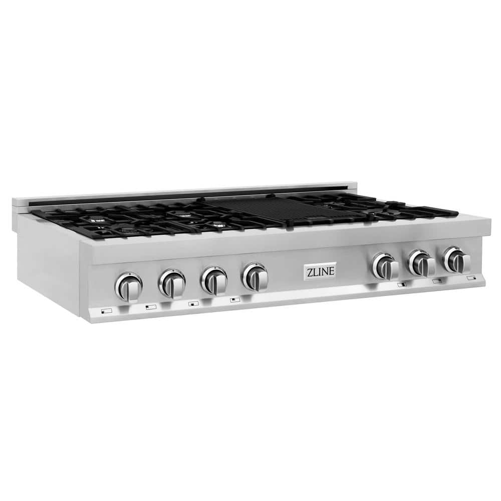 ZLINE Kitchen and Bath 48 in. 7 Burner Front Control Gas Cooktop in Stainless Steel with Griddle, Brushed 430 Stainless Steel