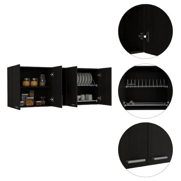 59.05 in. W x 12.4 in. D x 23.62 in. H Black Wood Ready to Assemble Wall Kitchen Cabinet with Shelves and Four Doors