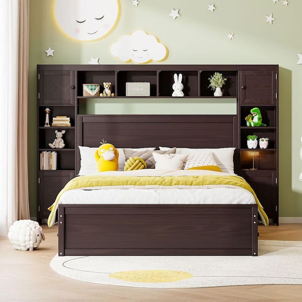 Espresso Wood Frame Queen Size Platform Bed with All-in-One Cabinet, Shelf and Sockets