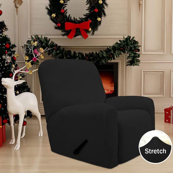 Black Stretch Polyester Recliner Slipcover, 4-Piece Sofa Cover Furniture Protector with Elastic Bottom, Large