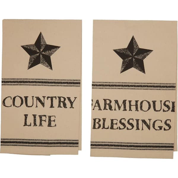 VHC BRANDS Farmhouse Star Antique Creme Black Print Country Life Cotton Muslin Unbleached Kitchen Tea Towel Set (Set of 2)