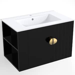 30 in. W Single Sink Floating Bath Vanity in Black with White Ceramic Top Unassembled, 2-Doors and Left Open Shelves