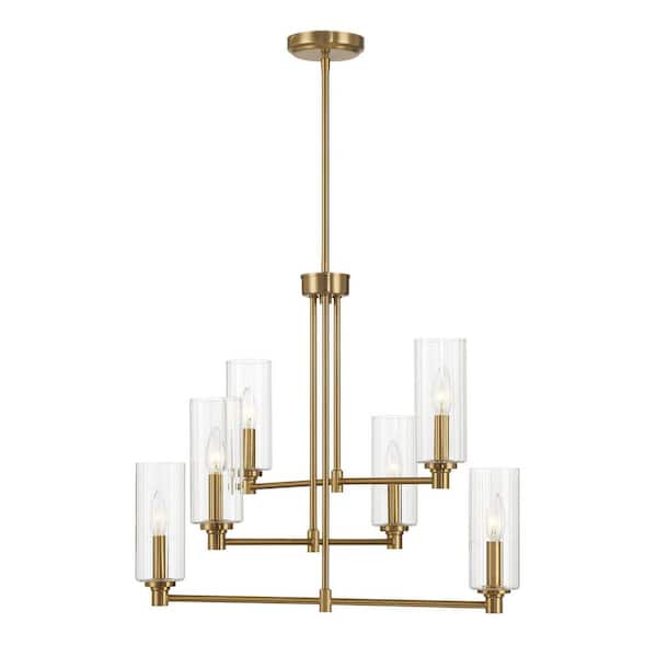 Timeless 6-Light Satin Brass Clear Ribbed Glass Round Chandelier for Dining Room(No Bulbs Included)