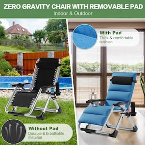 Folding Zero Gravity Metal Frame Recliner Outdoor Lounge Chair With Side Tray, Adjustable Headrest, Linen Blue Cushion