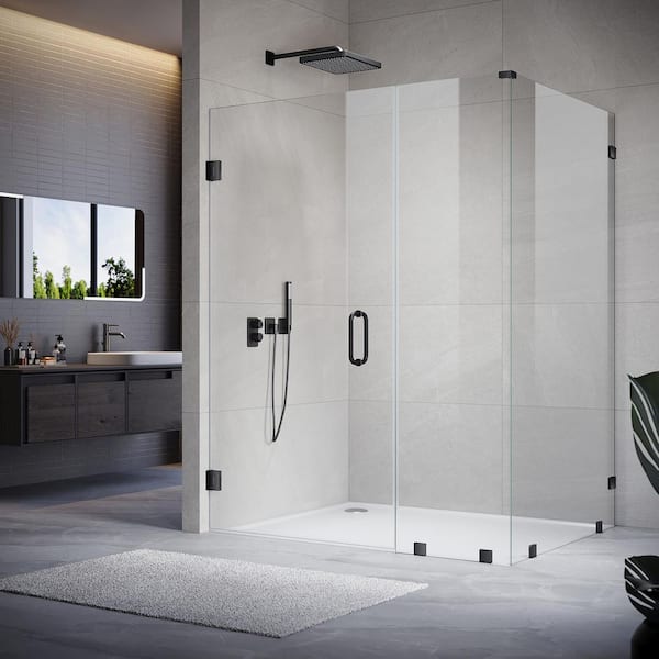 UKH07 72 in. W x 80 in. H x 35 in. D Hinged Frameless Corner Shower Enclosure in Matte Black 3/8 in. Clear Glass