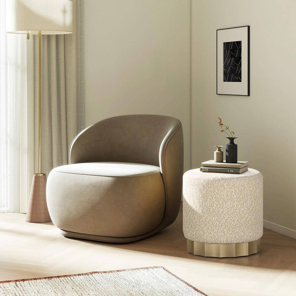 Hampton 18" Round Beige Chenille Upholstered Ottoman with Scalloped Base