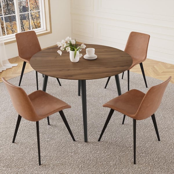 GOJANE 5-Piece 43.3 in. Modern Round Dining Table with 4-Leather Chairs (Walnut Table Plus 4-Brown Chairs)