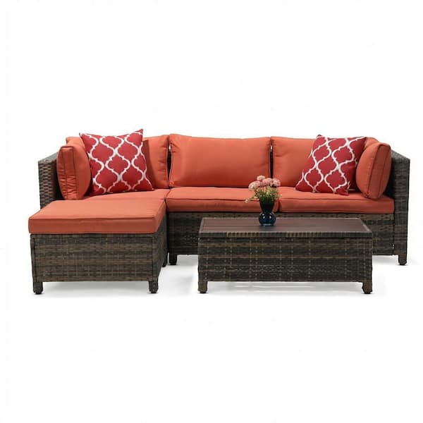 3-Piece Wicker Patio Sectional Seating Set with Orange Cushions