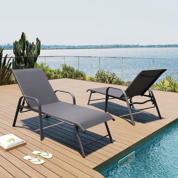 All-Weather Aluminum 2-Piece Outdoor Chaise Lounge with 6-Position Adjustable Metal Backrest and Armrests in Gray