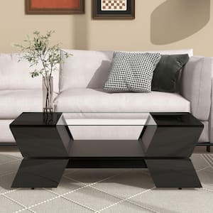 44.8 in. Black Rectangle Shape Glass Top Coffee Table with Open Shelves,Cabinets and Great Storage Capacity
