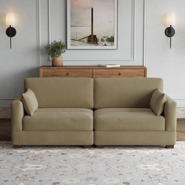 84.5 in. Modern Square Arm Corduroy Fabric Upholstered Rectangle 2-Seater Sofa in Camel with 2-Pillows