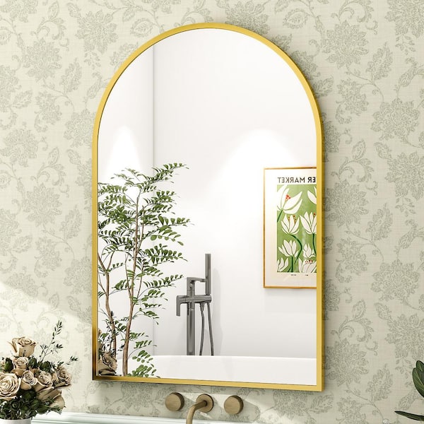 XRAMFY 26 in. W x 38 in. H Arched Gold Aluminum Alloy Framed Wall Mirror