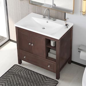30 in. W x 18 in. D x 32 in. H Bath Vanity in Brown with White Ceramic Sink Top Bath Storage Cabinet with Door, Drawer