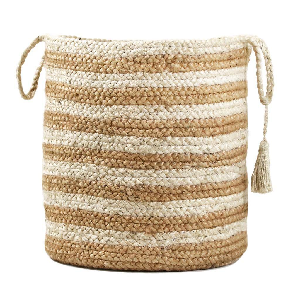Handmade Striped Natural Jute Round Storage Basket with Handles