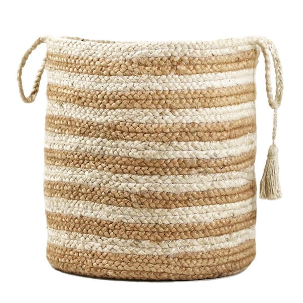 Unbranded Amara Striped Jute Tan / White 19 in. Decorative Storage Basket with Handles