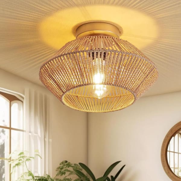 12.6 in Boho Rattan 1-Light Ceiling Flush Mount Light Rattan Cage Shade Ceiling Light