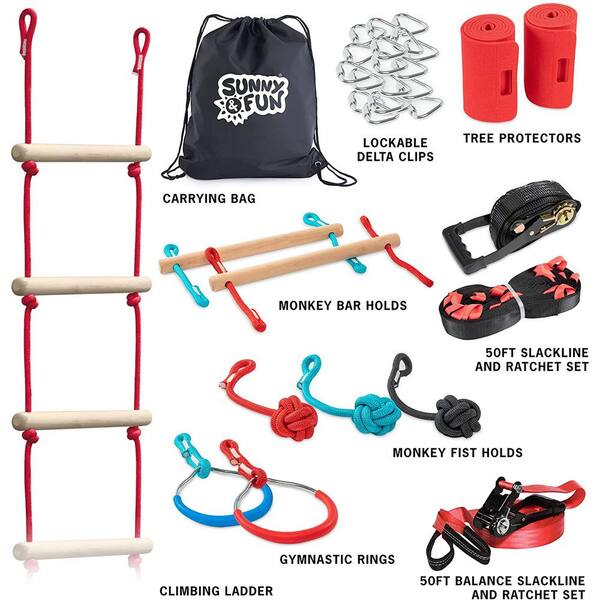 Ninja Warrior Obstacle Course for Kids, 2×56ft Slackline Kit with 8 Ninja  Accessories - Monkey Bar, Rope Ladder, Gymnastic Ring, Arm Trainer and